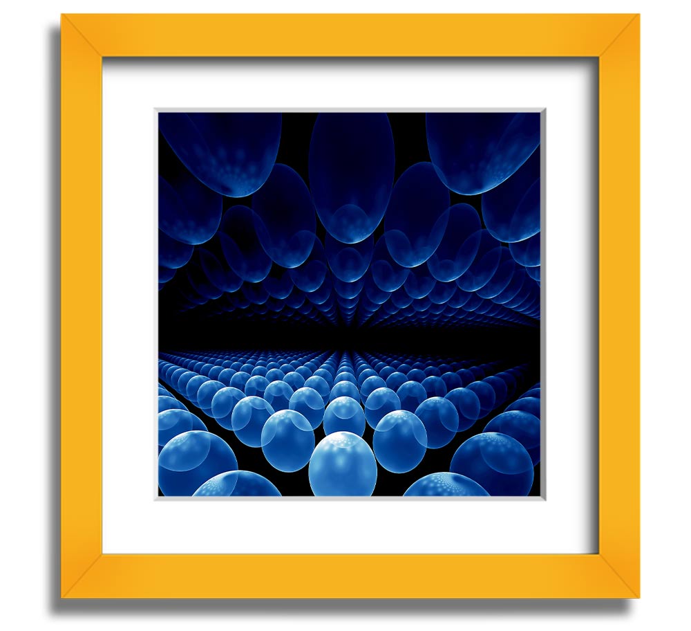 A vibrant blue framed print featuring alien life pods, showcasing intricate designs and available in various frame colors.