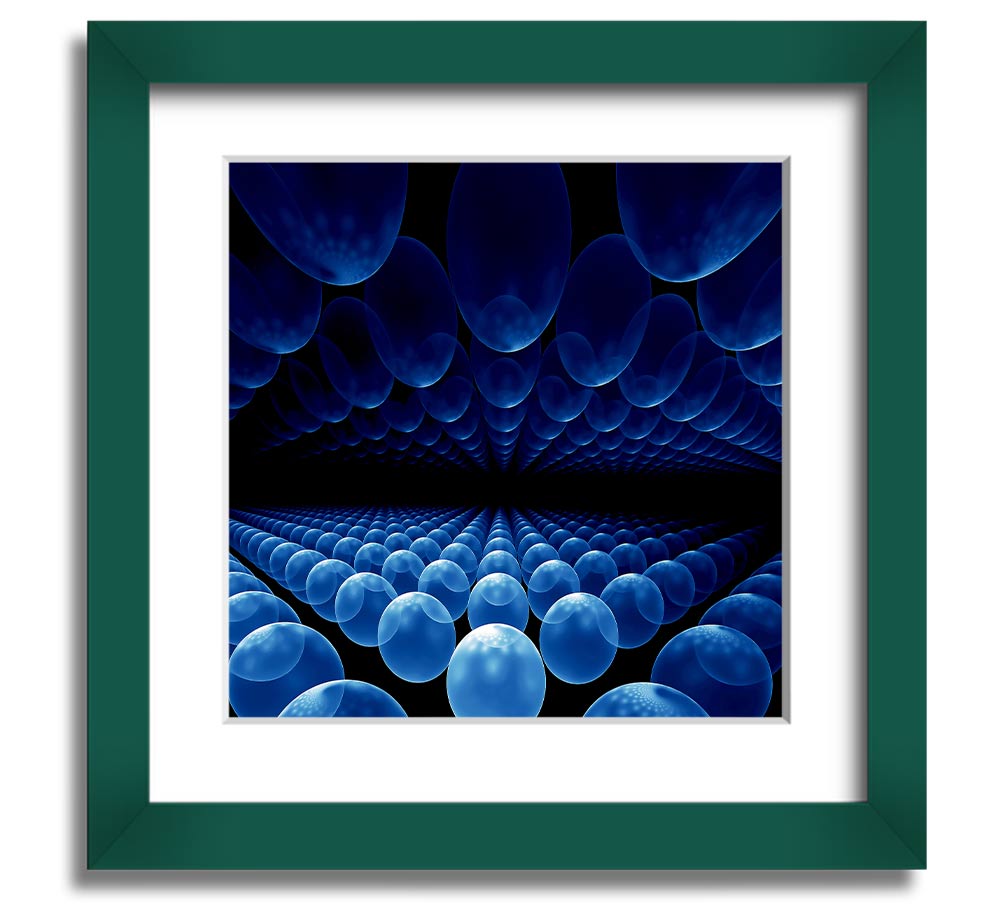 A vibrant blue framed print featuring alien life pods, showcasing intricate designs and available in various frame colors.