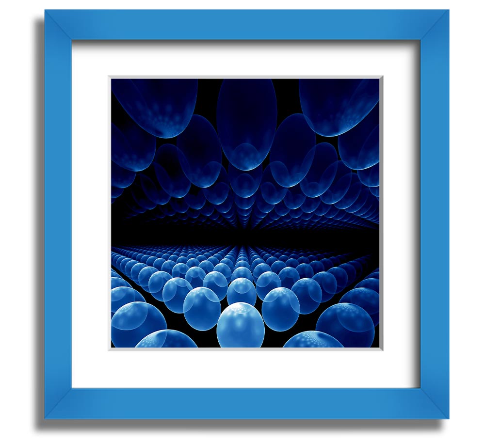 A vibrant blue framed print featuring alien life pods, showcasing intricate designs and available in various frame colors.