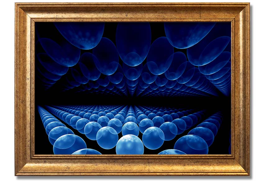 A vibrant framed print of Alien Life Pods Blue, showcasing intricate details and colors, ready to hang on a wall.