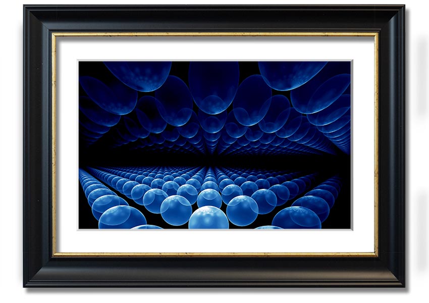 A vibrant framed print of Alien Life Pods Blue, showcasing intricate details and colors, ready to hang on a wall.