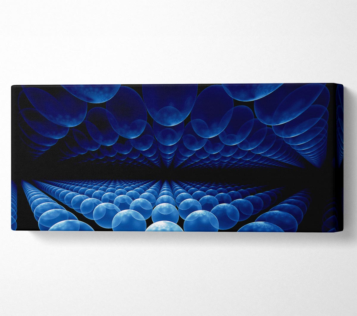 Alien Life Pods Blue canvas art mounted on a box frame, showcasing vibrant blue colors and an otherworldly design.