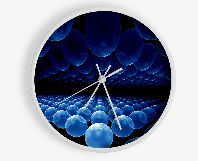 Alien Life Pods Blue clock made from natural bamboo with a round face and clear Plexiglas lens, available in black, white, and natural colors.