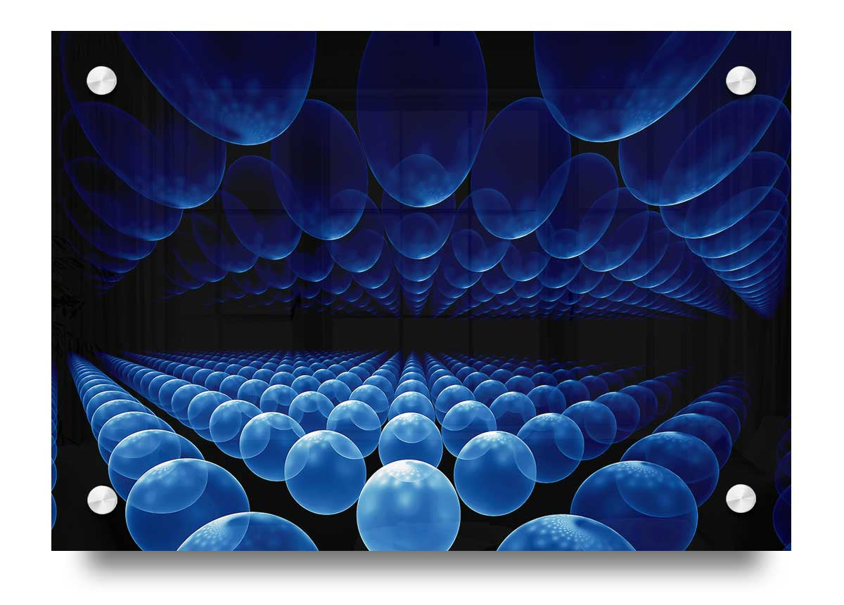 A vibrant blue acrylic print featuring alien life pods, showcasing intricate details and colors.