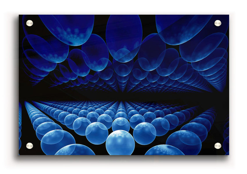 A vibrant blue acrylic print featuring alien life pods, showcasing intricate details and colors.