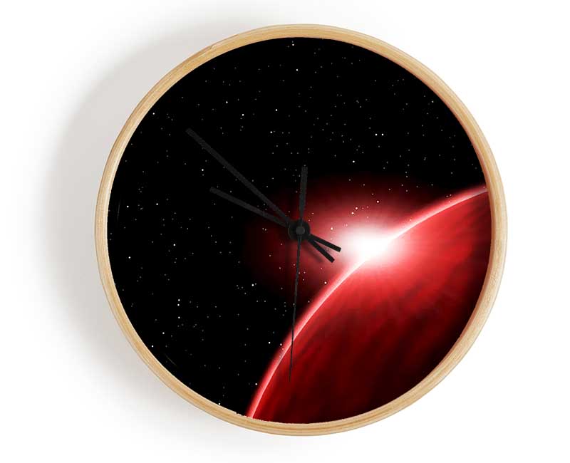 A stylish Alien Sunrise clock made from natural bamboo, featuring a round face with a clear Plexiglas lens and available in black, white, and natural frame colors.