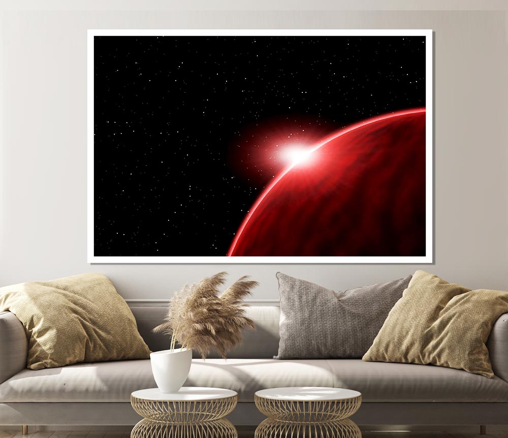 A vibrant Alien Sunrise poster printed on high-quality canvas, showcasing an otherworldly sunrise scene with vivid colors.