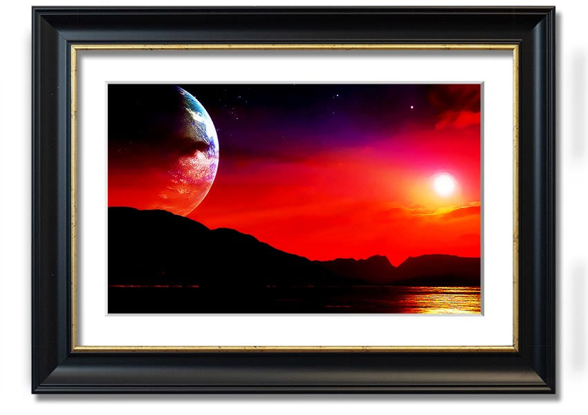 A beautifully framed print of an imaginative alien landscape, showcasing vibrant colors and intricate details, ready to hang.