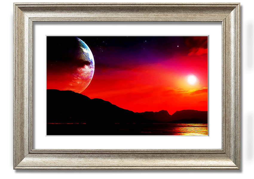 A beautifully framed print of an imaginative alien landscape, showcasing vibrant colors and intricate details, ready to hang.