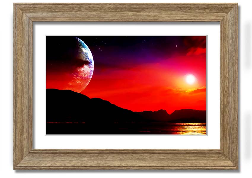 A beautifully framed print of an imaginative alien landscape, showcasing vibrant colors and intricate details, ready to hang.