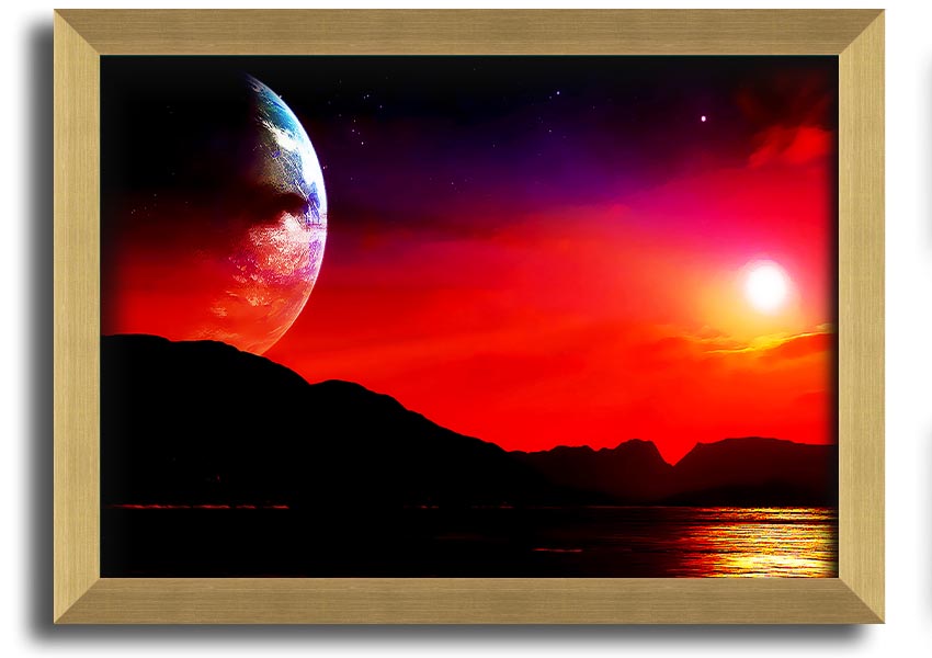 A beautifully framed print of an imaginative alien landscape, showcasing vibrant colors and intricate details, ready to hang.