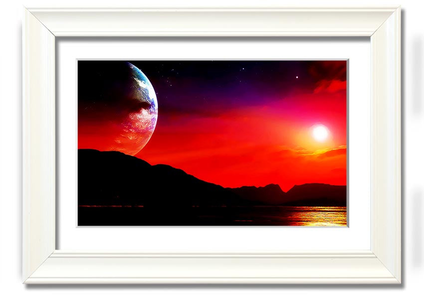 A beautifully framed print of an imaginative alien landscape, showcasing vibrant colors and intricate details, ready to hang.