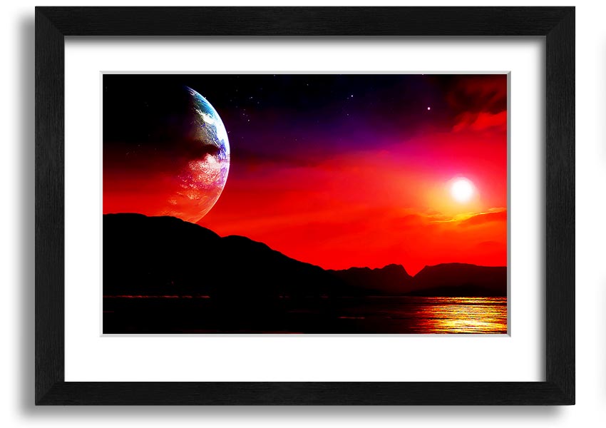 A beautifully framed print of an imaginative alien landscape, showcasing vibrant colors and intricate details, ready to hang.