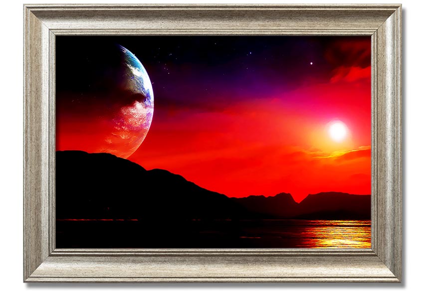 A beautifully framed print of an imaginative alien landscape, showcasing vibrant colors and intricate details, ready to hang.