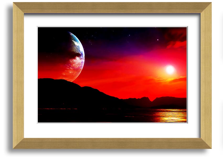 A beautifully framed print of an imaginative alien landscape, showcasing vibrant colors and intricate details, ready to hang.