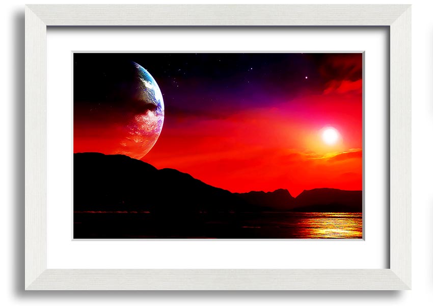 A beautifully framed print of an imaginative alien landscape, showcasing vibrant colors and intricate details, ready to hang.