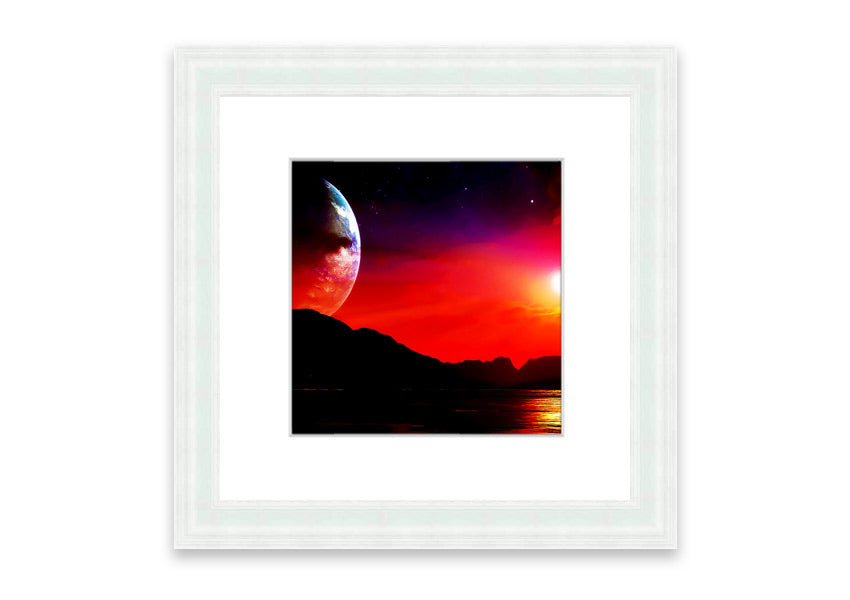 Framed print of Aliens Planet artwork, showcasing vibrant colors and imaginative alien landscape, available in various frame colors.