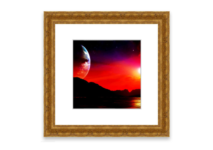 Framed print of Aliens Planet artwork, showcasing vibrant colors and imaginative alien landscape, available in various frame colors.