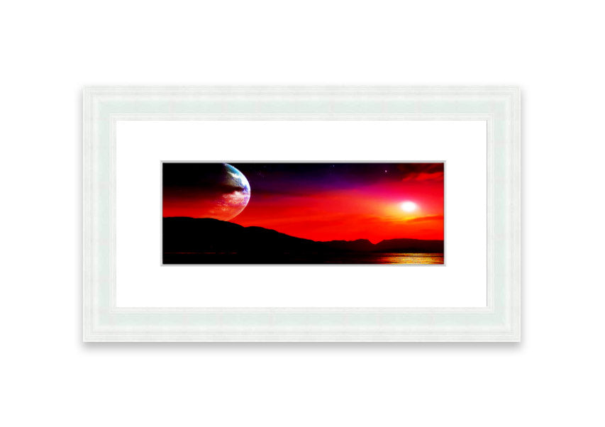 Framed print of Aliens Planet artwork, showcasing vibrant colors and imaginative alien landscape, available in various frame colors.