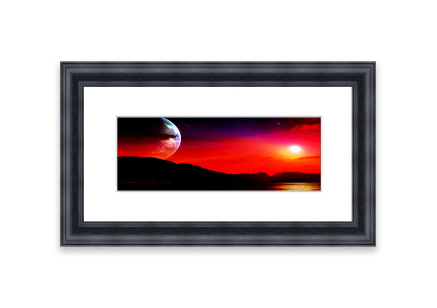 Framed print of Aliens Planet artwork, showcasing vibrant colors and imaginative alien landscape, available in various frame colors.