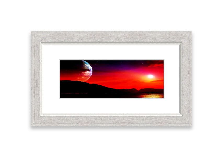 Framed print of Aliens Planet artwork, showcasing vibrant colors and imaginative alien landscape, available in various frame colors.