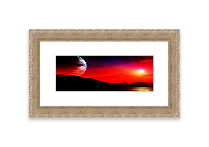 Framed print of Aliens Planet artwork, showcasing vibrant colors and imaginative alien landscape, available in various frame colors.