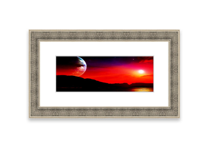 Framed print of Aliens Planet artwork, showcasing vibrant colors and imaginative alien landscape, available in various frame colors.