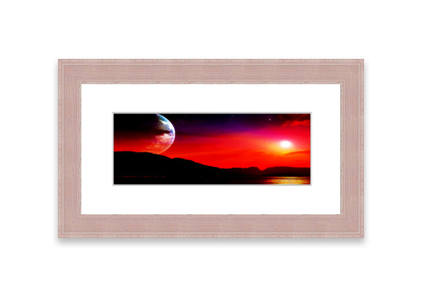 Framed print of Aliens Planet artwork, showcasing vibrant colors and imaginative alien landscape, available in various frame colors.