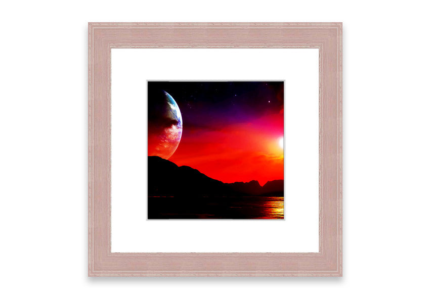 Framed print of Aliens Planet artwork, showcasing vibrant colors and imaginative alien landscape, available in various frame colors.