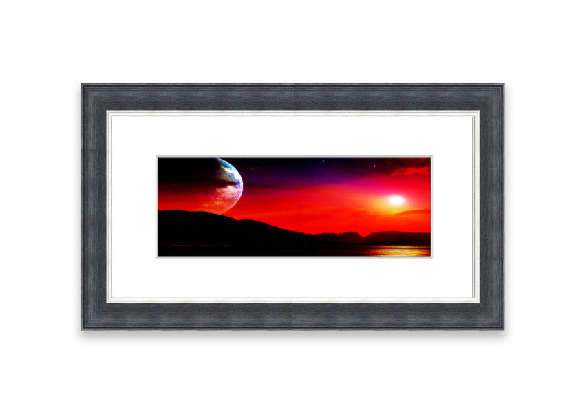 Framed print of Aliens Planet artwork, showcasing vibrant colors and imaginative alien landscape, available in various frame colors.