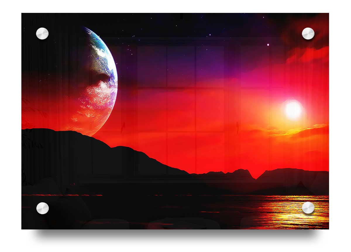 A vibrant acrylic print of an alien planet, showcasing colorful cosmic elements and a sleek 5mm thick acrylic glass finish.