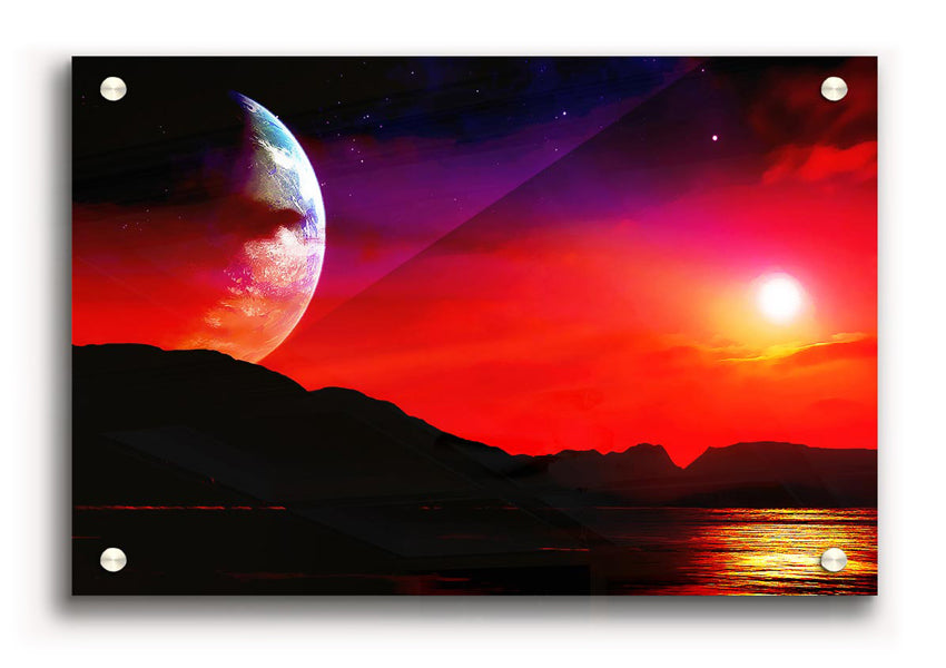 A vibrant acrylic print of an alien planet, showcasing colorful cosmic elements and a sleek 5mm thick acrylic glass finish.