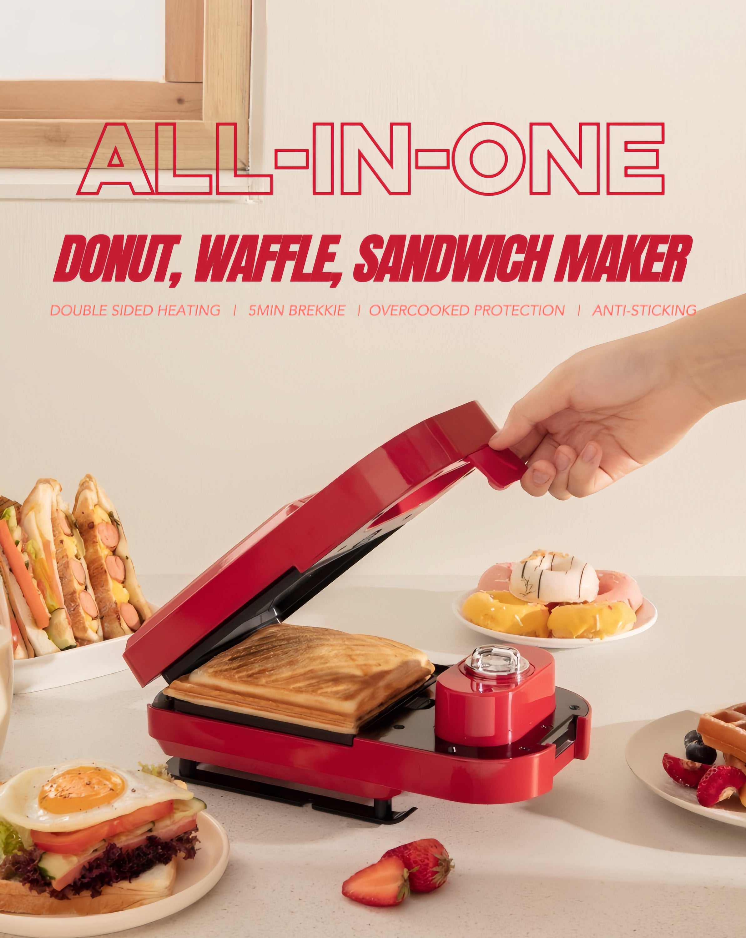 All-in-One Automatic Donut, Waffle & Sandwich Maker Machine with trays for versatile cooking.