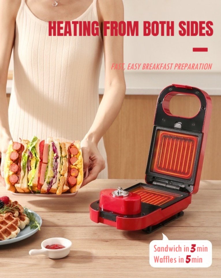 All-in-One Automatic Donut, Waffle & Sandwich Maker Machine with trays for versatile cooking.