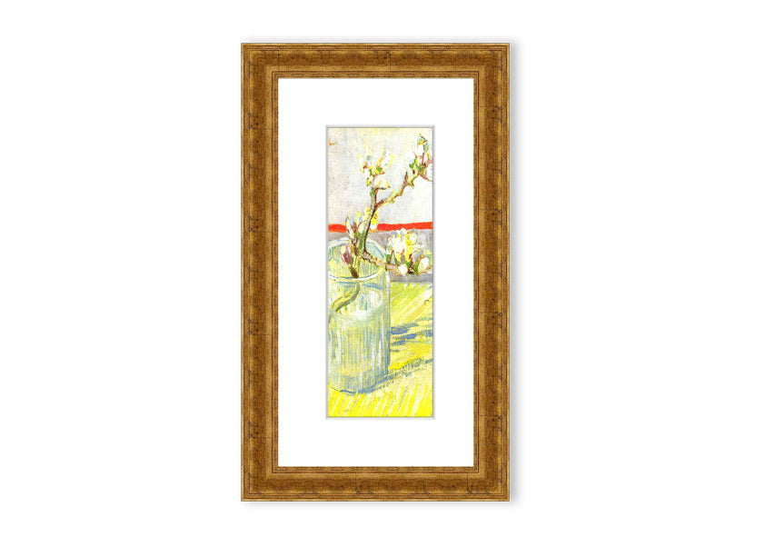 Framed print of Van Gogh's Almond Blossom Branch, showcasing delicate white and pink flowers against a blue background.