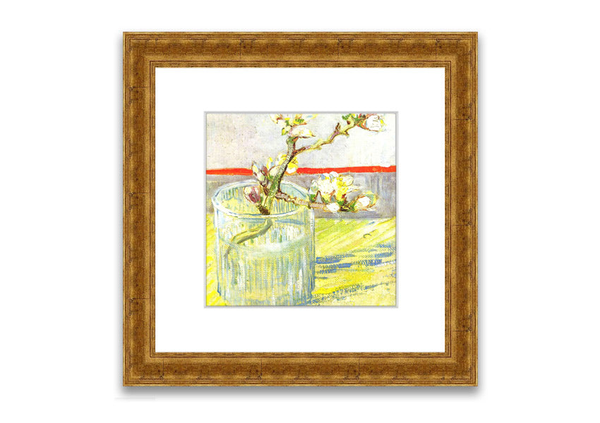 Framed print of Van Gogh's Almond Blossom Branch, showcasing delicate white and pink flowers against a blue background.