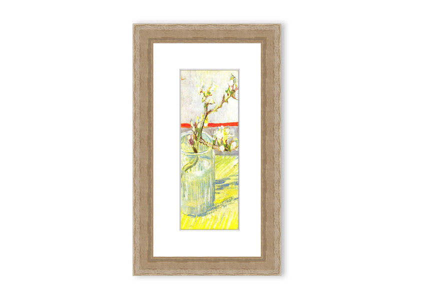 Framed print of Van Gogh's Almond Blossom Branch, showcasing delicate white and pink flowers against a blue background.