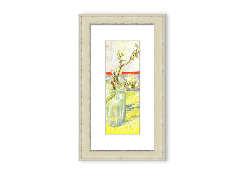 Framed print of Van Gogh's Almond Blossom Branch, showcasing delicate white and pink flowers against a blue background.