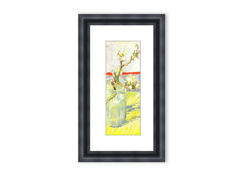 Framed print of Van Gogh's Almond Blossom Branch, showcasing delicate white and pink flowers against a blue background.