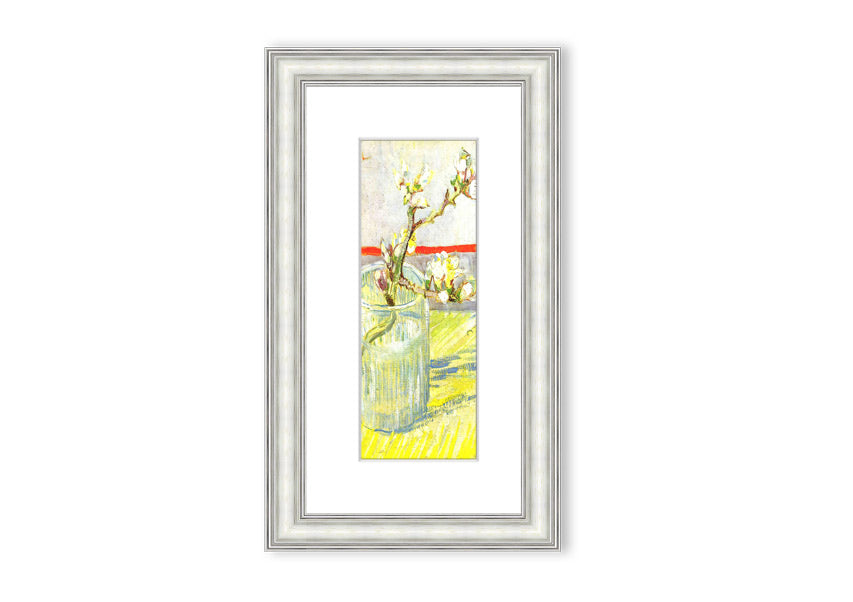 Framed print of Van Gogh's Almond Blossom Branch, showcasing delicate white and pink flowers against a blue background.