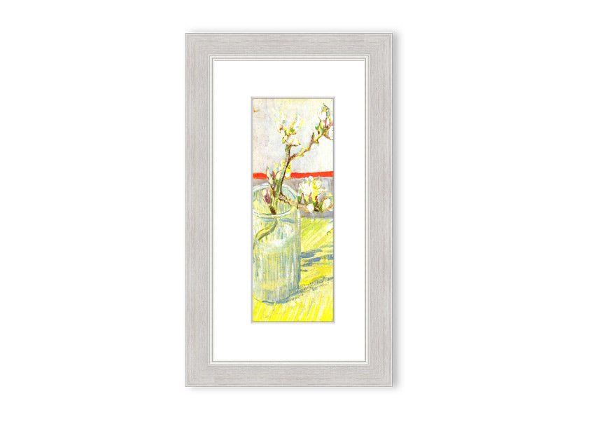 Framed print of Van Gogh's Almond Blossom Branch, showcasing delicate white and pink flowers against a blue background.