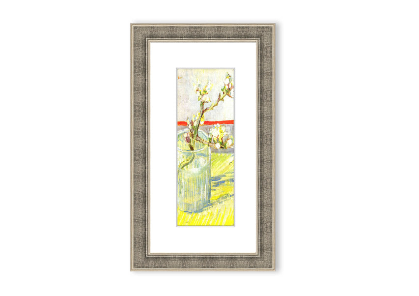 Framed print of Van Gogh's Almond Blossom Branch, showcasing delicate white and pink flowers against a blue background.