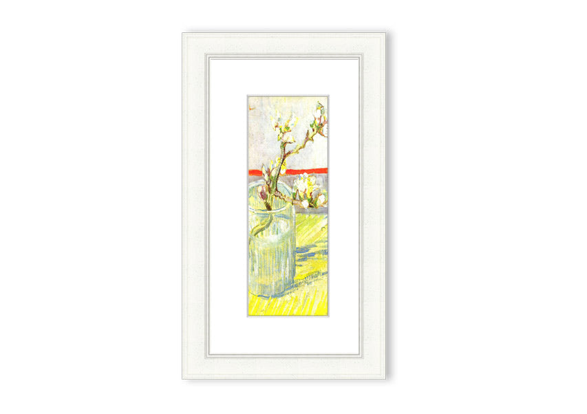 Framed print of Van Gogh's Almond Blossom Branch, showcasing delicate white and pink flowers against a blue background.