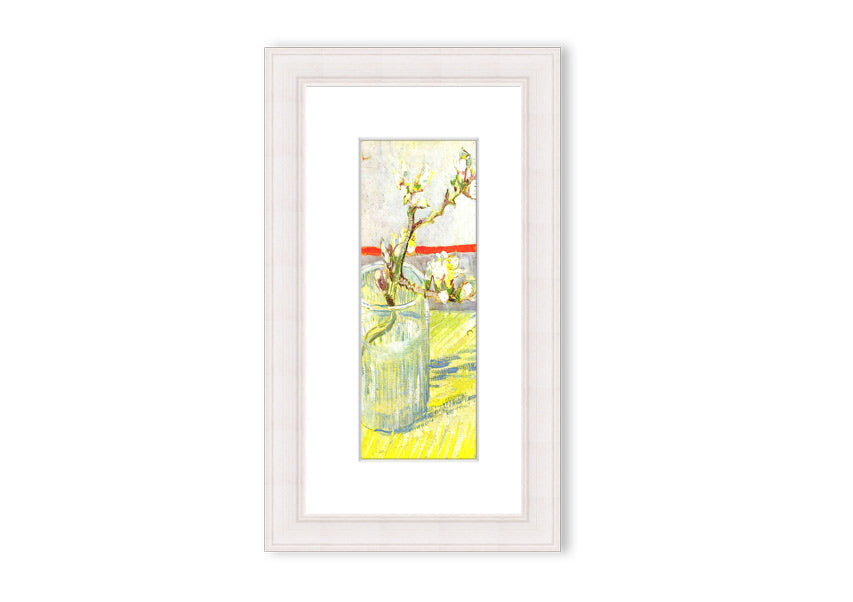 Framed print of Van Gogh's Almond Blossom Branch, showcasing delicate white and pink flowers against a blue background.