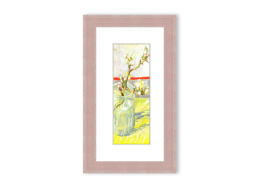 Framed print of Van Gogh's Almond Blossom Branch, showcasing delicate white and pink flowers against a blue background.