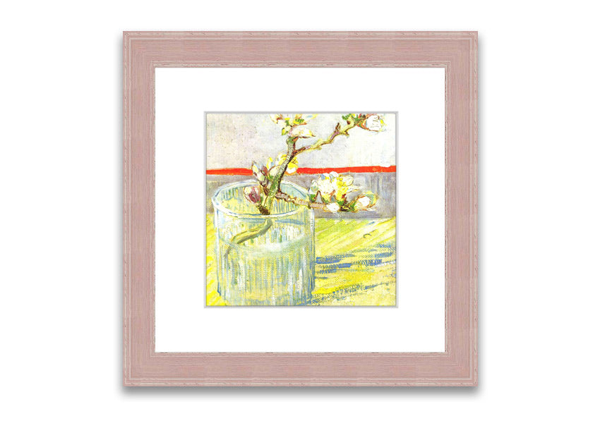 Framed print of Van Gogh's Almond Blossom Branch, showcasing delicate white and pink flowers against a blue background.