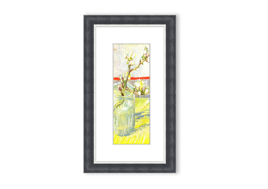 Framed print of Van Gogh's Almond Blossom Branch, showcasing delicate white and pink flowers against a blue background.