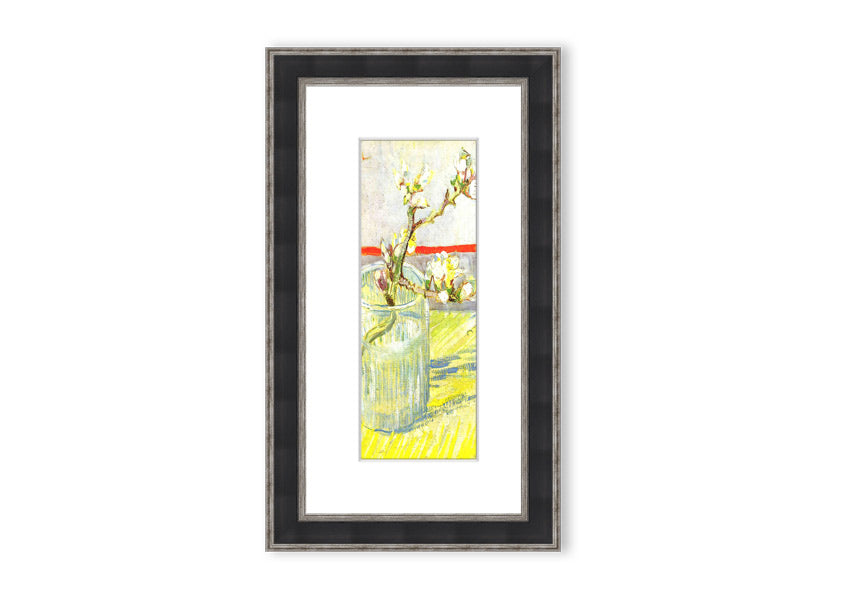 Framed print of Van Gogh's Almond Blossom Branch, showcasing delicate white and pink flowers against a blue background.