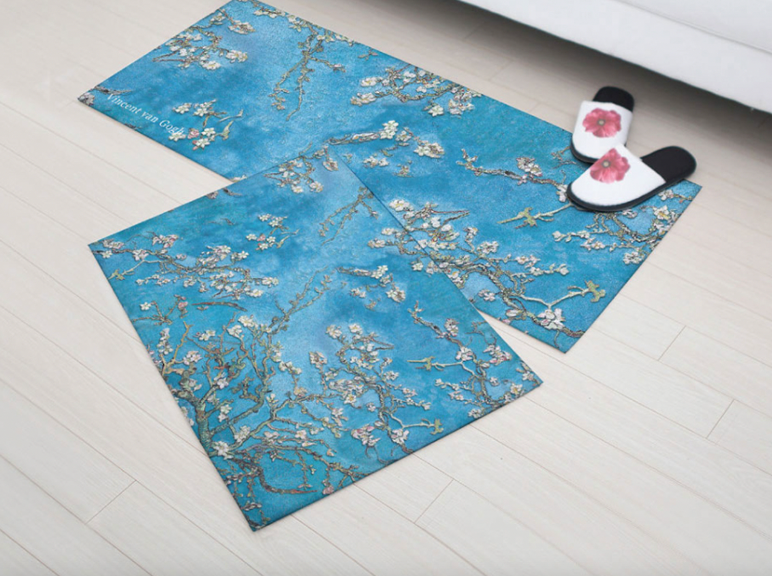 Almond Blossom floor mat and kitchen mat set featuring elegant floral design and soft microfiber material.