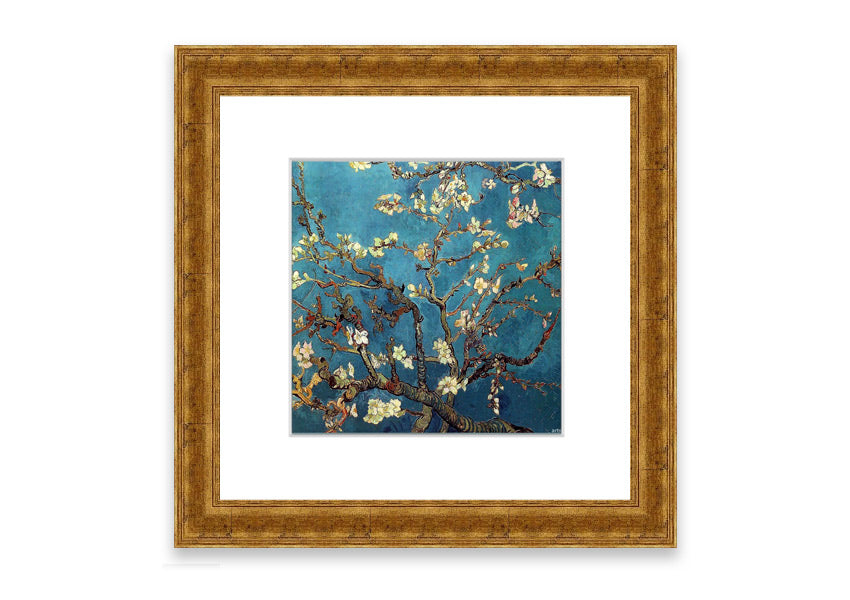 Framed print of almond branches, elegantly displayed in a stylish frame, showcasing intricate details and soft colors.